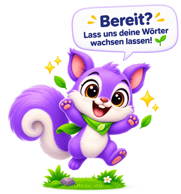 Kori the squirrel, cheering: Bereit? Lass uns deine Wörter wachsen lassen!