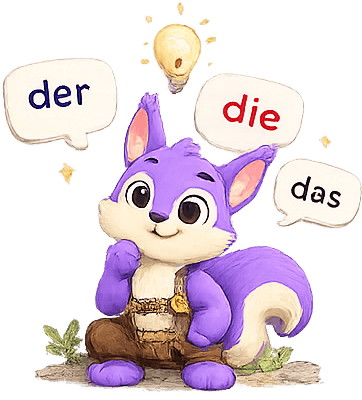 Kori, das KorrektWort-Eichhörnchen, mit Sprechblasen für der, die und das